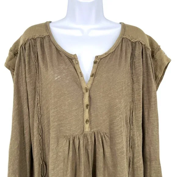 Free People Aster High-Low Henley Tunic Top Size XS Olive Green Linen Blend - Picture 2 of 10